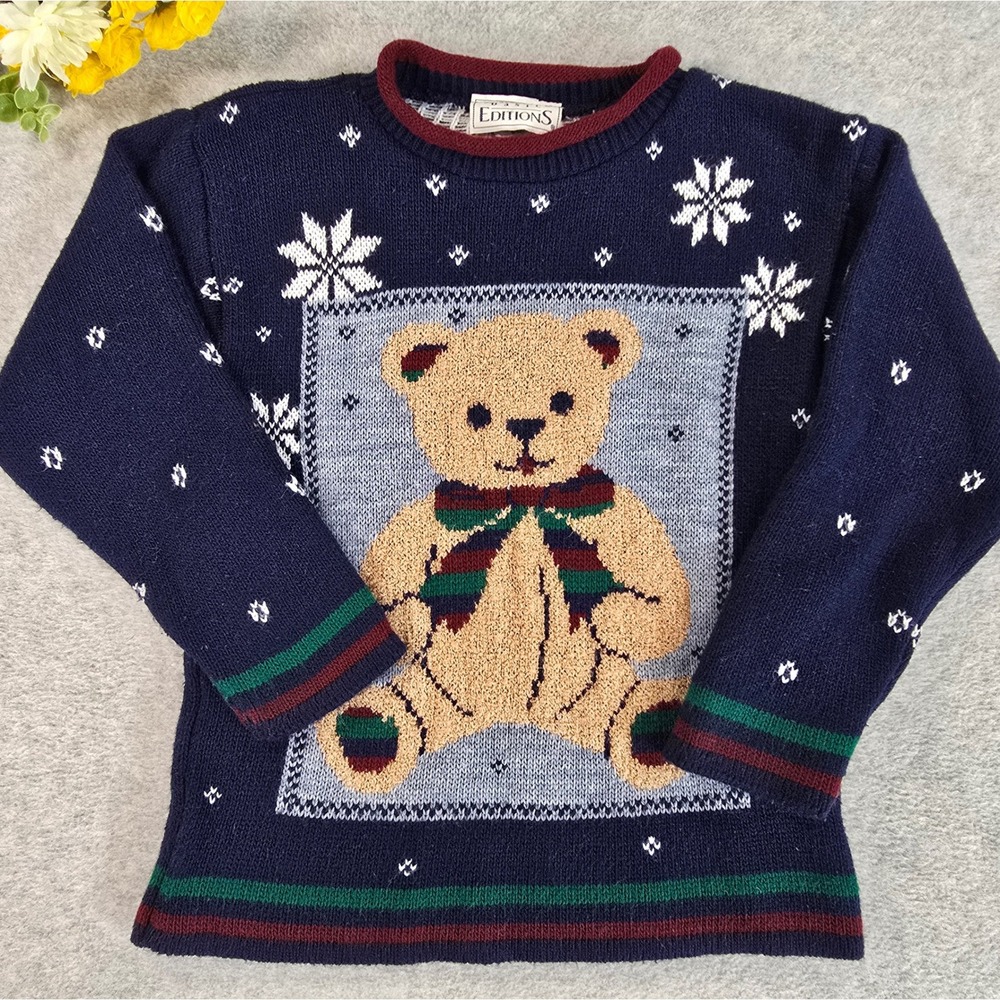 Vintage 90s Basic Editions Knit Sweater Kids 6/6X Navy Blue Teddy Bear Christmas